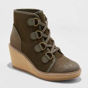 NWOT Merona Lorelle Wool Olive Green Wedge Booties